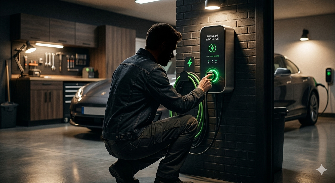Le fondateur de BorneInstall devant une borne de recharge