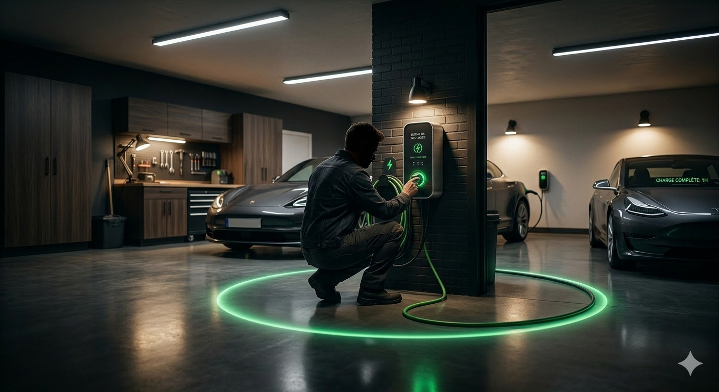 Voiture électrique branchée à une borne de recharge murale